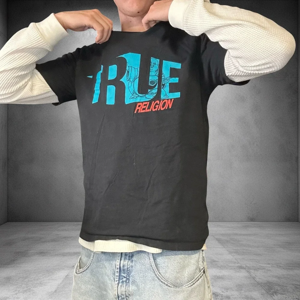 True Religion Mens Graphic T-Shirt Black Blue Buddha Logo Y2K Skater Tee Size M